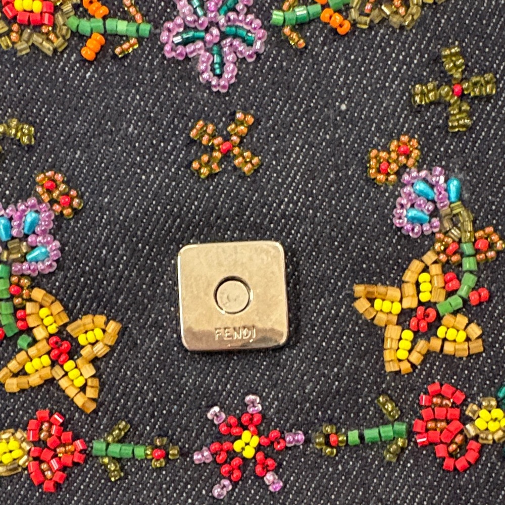 Vintage Fendi Denim Embroidered Floral Shoulder Bag with Silver Buckle - Picture 5 of 10